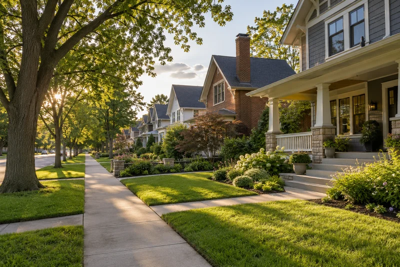 Tree-lined residential street with homes and sidewalks